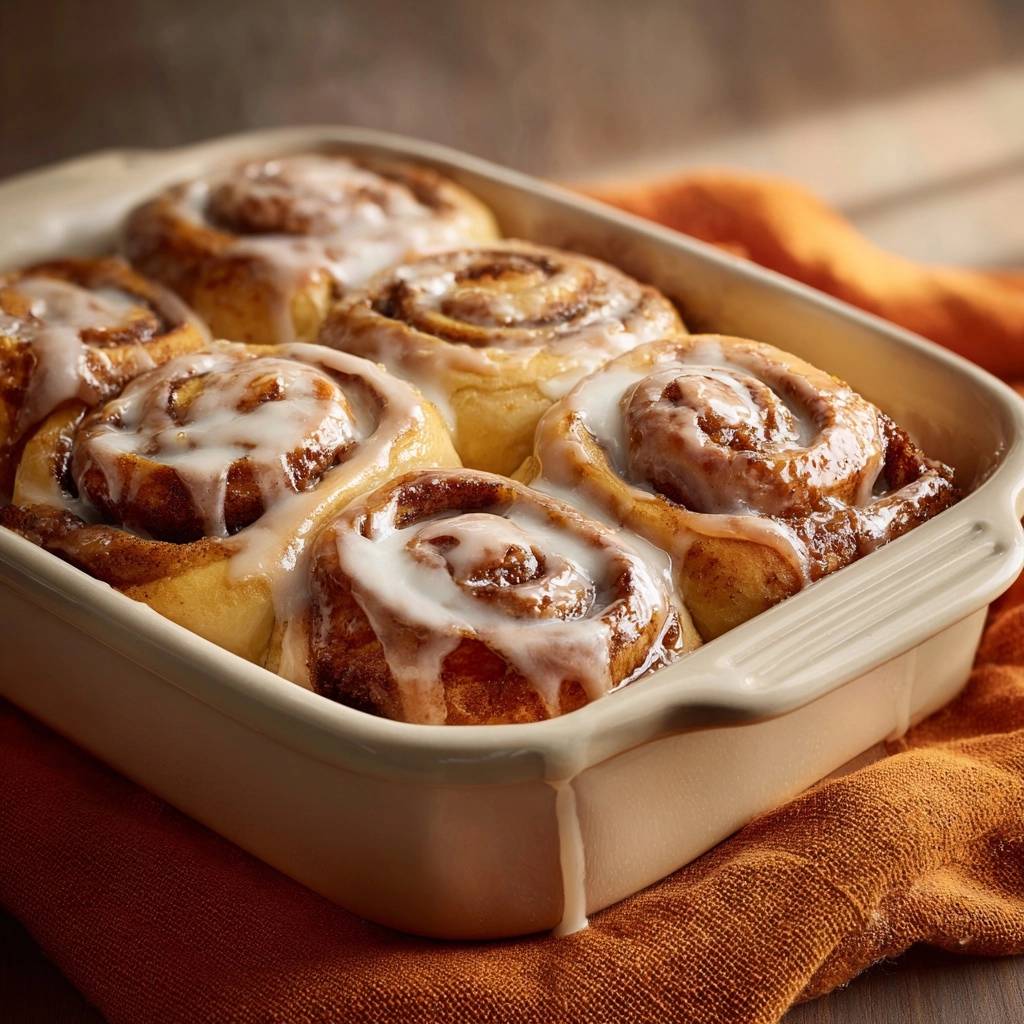 Zimtschnecken, frisch aus dem Ofen, in einer Auflaufform serviert. Der Zuckerguss tropft verführerisch von den warmen, fluffigen Brötchen.