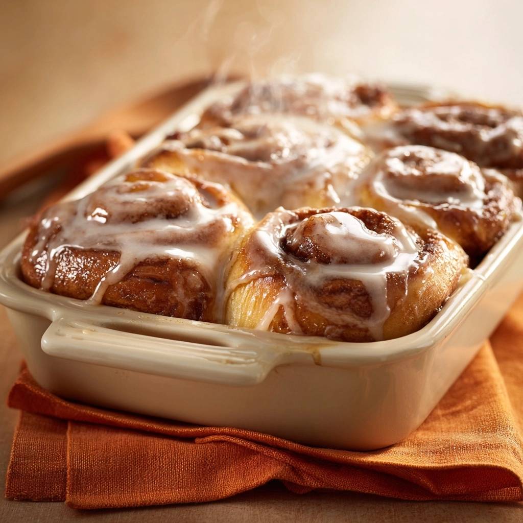 Zimtschnecken, frisch aus dem Ofen, zeigen eine appetitliche Glasur und aufsteigenden Dampf. Diese fluffigen Zimtschnecken sind ein wahrer Genuss.