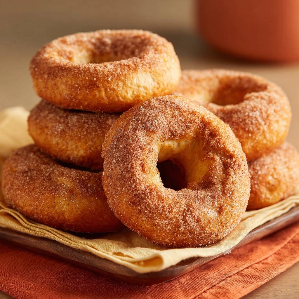 Zimtzucker Donuts Nahaufnahme Serviert 1 Zimtzucker-Donuts, frisch zubereitet und mit Zimtzucker bestreut, liegen auf einem kleinen Holztablett serviert. Die Donuts sind appetitlich gestapelt.
