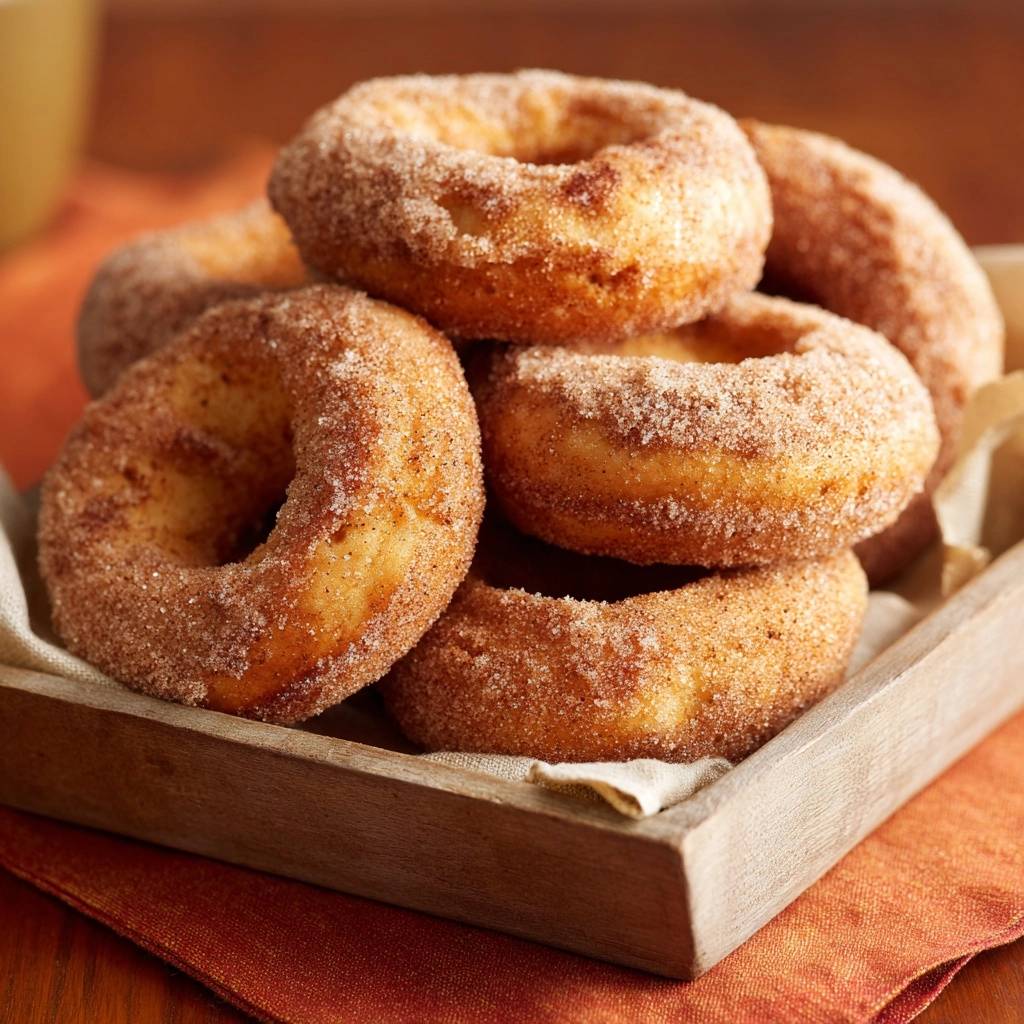 Zimtzucker-Donuts, frisch zubereitet und in einer rustikalen Holzschale serviert, mit Zimtzucker bedeckt und zum Genießen bereit.