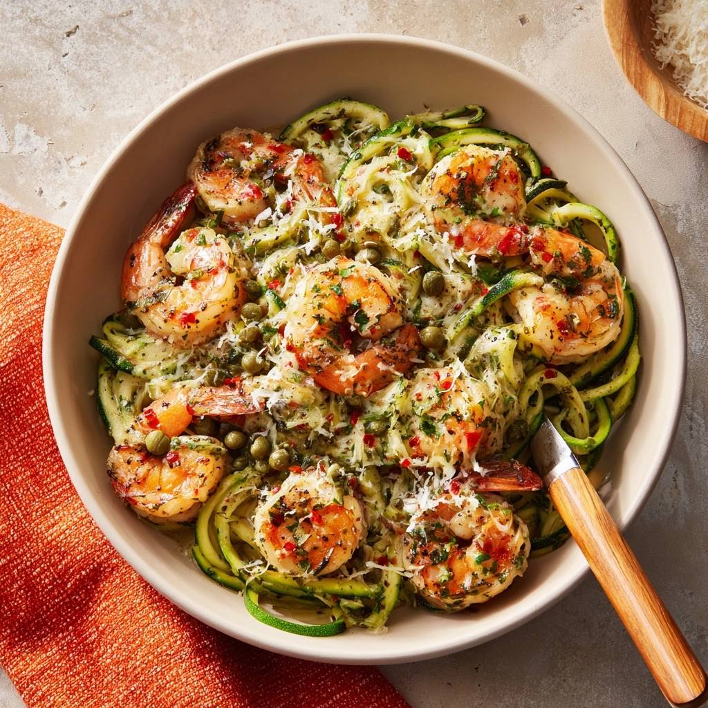 Zucchini Nudeln Mit Garnelen Draufsicht 1 Zucchini-Nudeln mit Garnelen, Kapern & Chili in einer Schüssel, serviert von oben, mit frisch geriebenem Käse und Kapern.