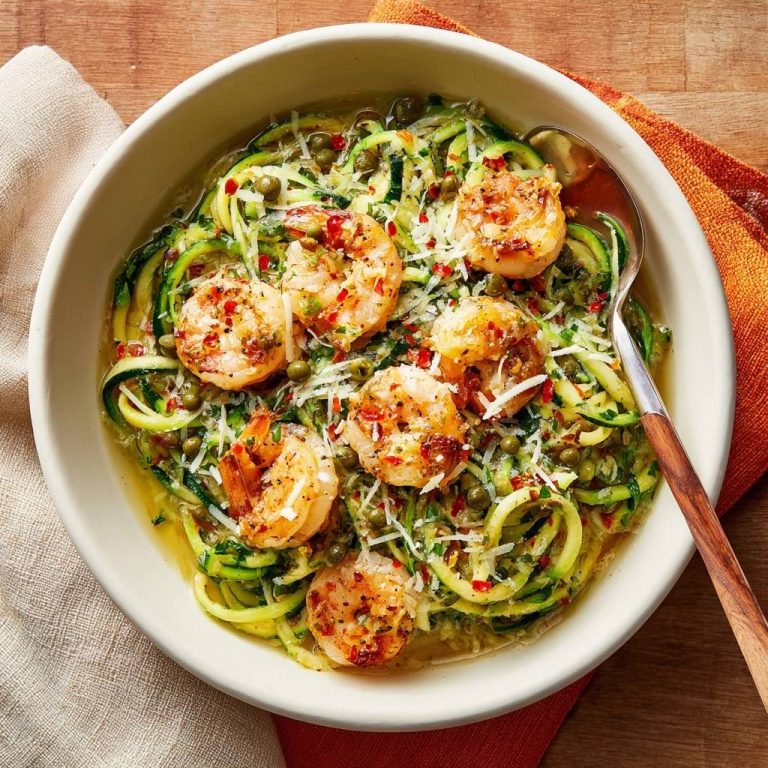 Zucchini-Nudeln mit Garnelen, Kapern & Chili in einer Schüssel von oben gesehen. Das Gericht ist mit Garnelen, Kapern und Parmesan garniert.