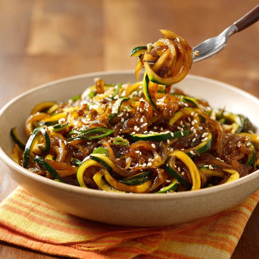 Zucchini-Nudeln mit karamellisierten Zwiebeln, serviert in einer Schüssel, mit einer Gabel, die einige Nudeln anhebt.
