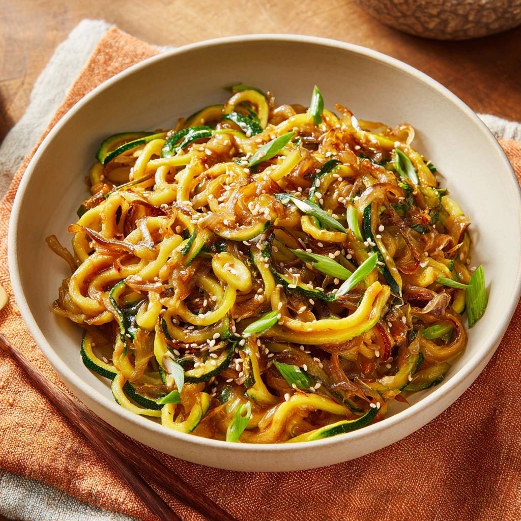 Zucchini-Nudeln mit karamellisierten Zwiebeln in einer Schüssel aus der Vogelperspektive, mit gebratenen Zwiebeln und Sesamkörnern garniert.