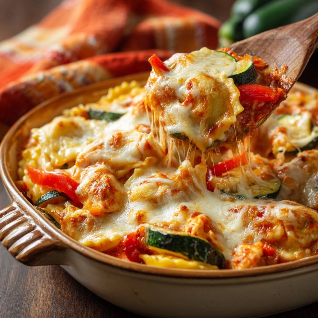Zucchini-Ravioli-Auflauf mit geschmolzenem Käse, der sich beim Abheben vom Holzkochlöffel zieht. Ein köstliches Auflaufgericht mit frischem Gemüse und Pasta.