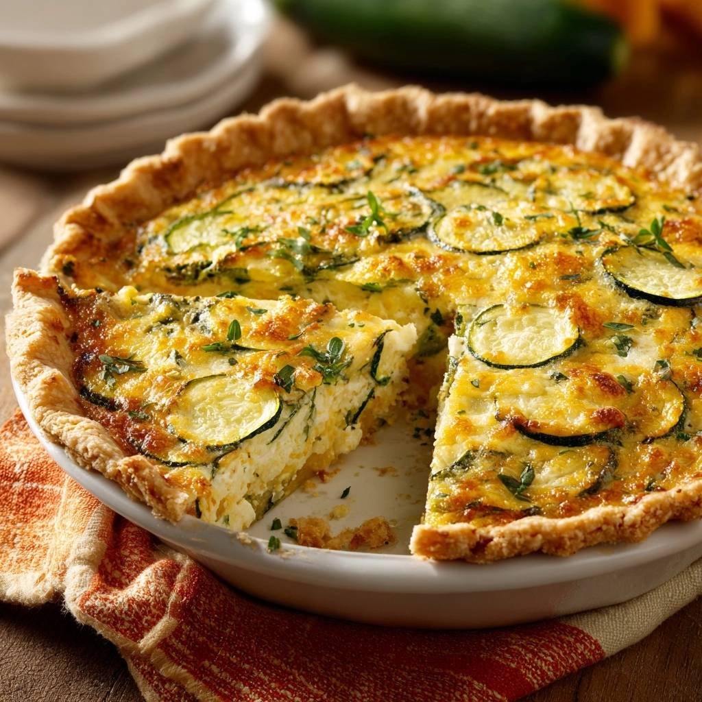 Zucchini Thymian Quiche Angeschnitten 1 Zucchini-Thymian-Quiche angeschnitten, zeigt die Schichtung von Zucchini und Käsefüllung und den knusprigen Boden.