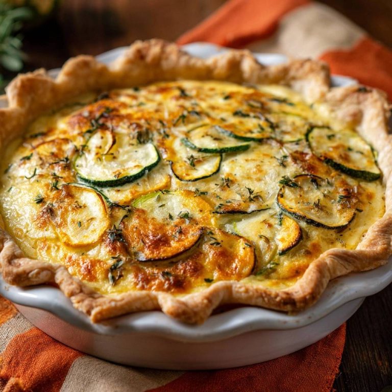Zucchini-Thymian-Quiche als Nahaufnahme mit goldbraunem Teig und sichtbaren Zucchinischeiben und Thymian.