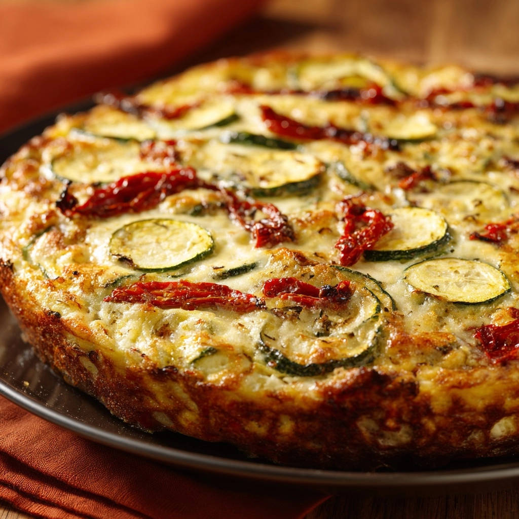 Zucchini Tomaten Frittata Draufsicht 1 Zucchini-Tomaten-Frittata präsentiert eine köstliche Draufsicht, wobei die frischen Zucchinischeiben und getrockneten Tomaten perfekt zur Geltung kommen.