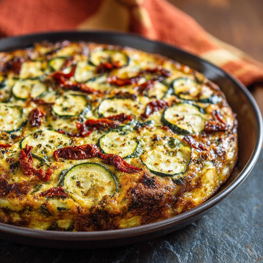 Zucchini-Tomaten-Frittata in einer rustikalen Schale. Eine köstliche Draufsicht auf die goldbraune Oberfläche, belegt mit Zucchinischeiben und getrockneten Tomaten.