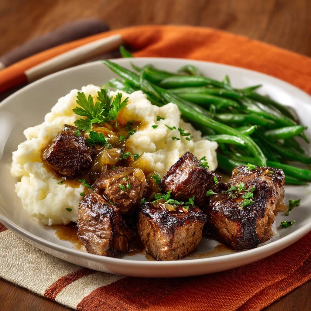 Knusprig glasiertes Rindfleisch auf cremigem Kartoffelpüree mit Bohnen