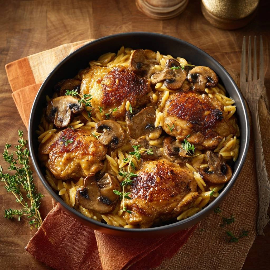 Cremiges Hähnchen-Orzo mit Pilzen