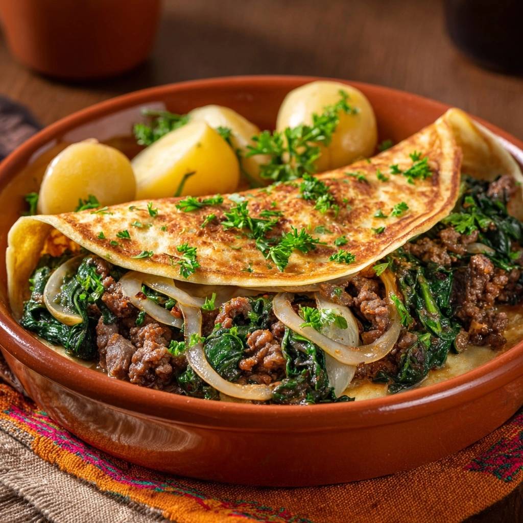 Gefülltes Spinatomlette mit Hack, Pilzen und Sahnesoße