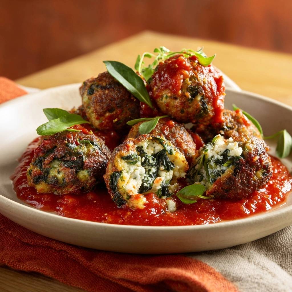 Knusprige Spinat-Feta-Bällchen in Tomatensoße (Nie wieder zerfallende Bällchen!)
