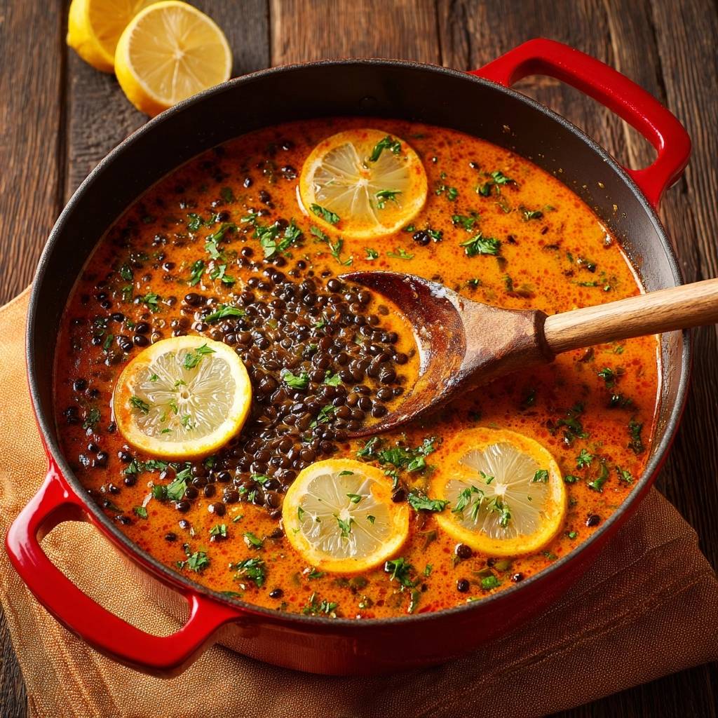 Zitronig-würziger Schwarzer Linseneintopf