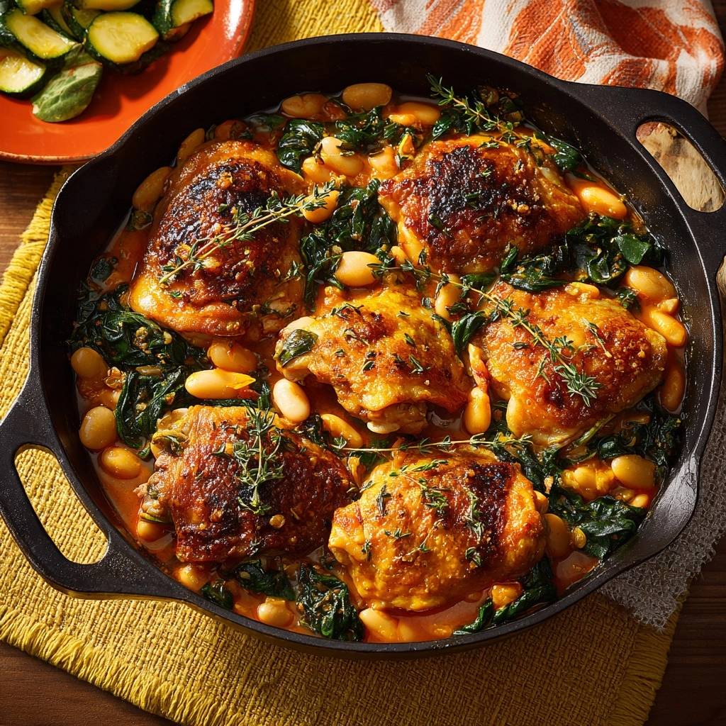Knusprige Hähnchenschenkel mit Bohnen, Spinat & Zucchini
