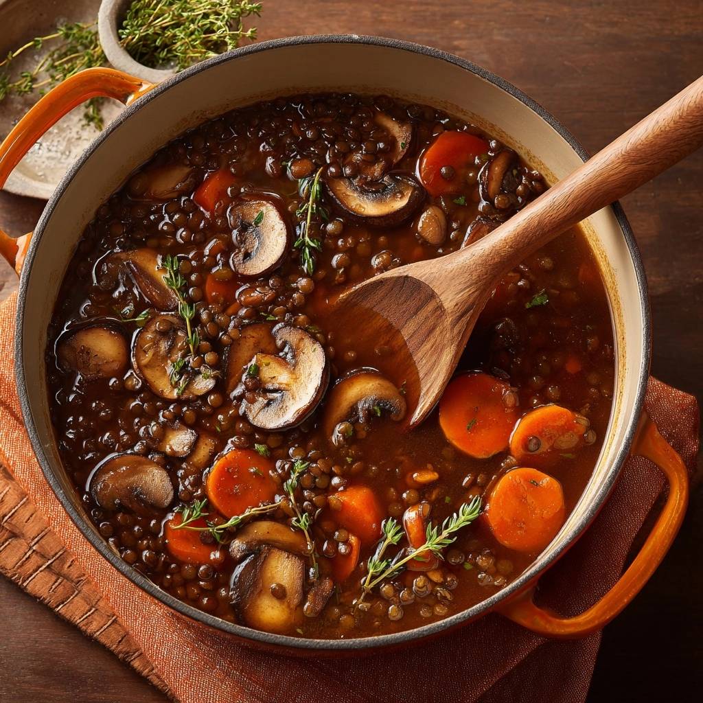 Rustikaler Linseneintopf mit Pilzen und Karotten (Nie wieder matschige Linsen!)