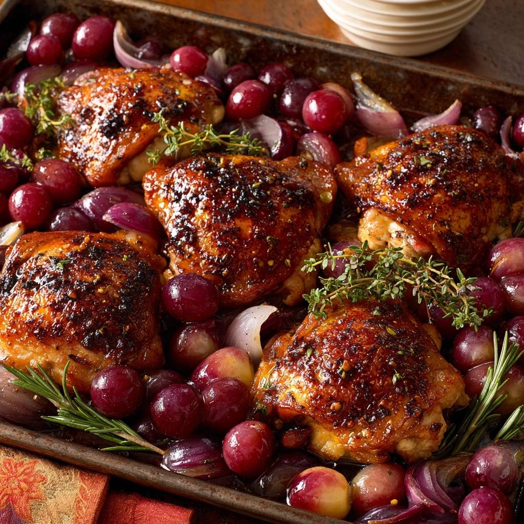 Ofen-Hähnchenschenkel mit Trauben und Thymian