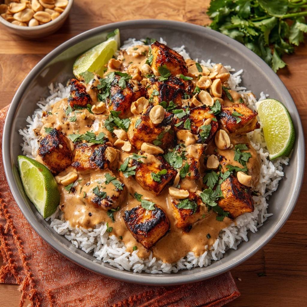 Saftiges Erdnuss-Hähnchen auf Reis