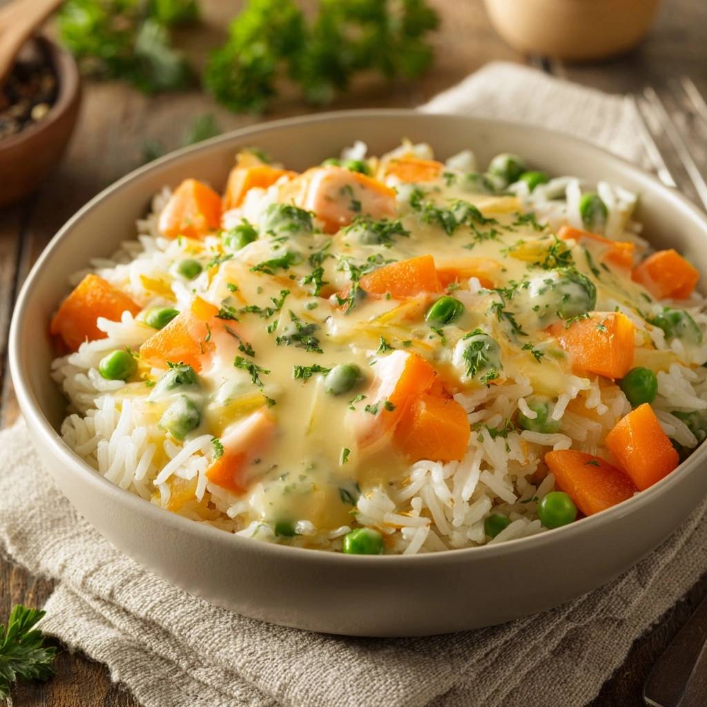 Cremiger Karotten-Erbsen-Zucchini-Reis