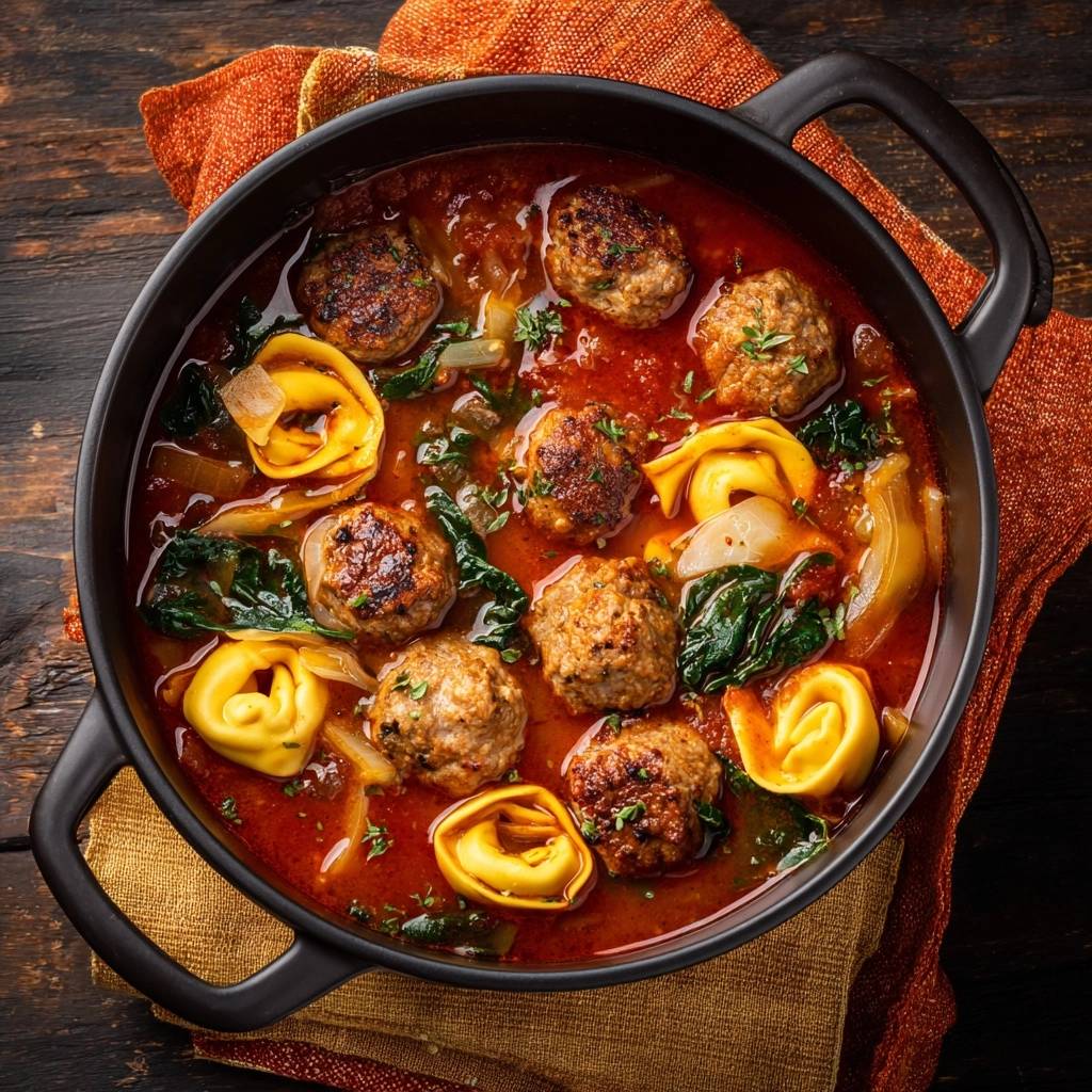 Ravioli-Fleischbällchen-Eintopf mit Spinat