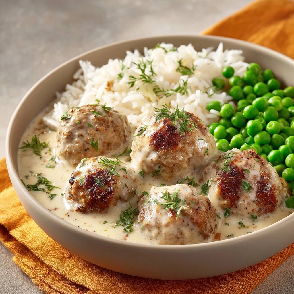 Schwedische Hackbällchen in cremiger Dillsoße mit Erbsen und Reis