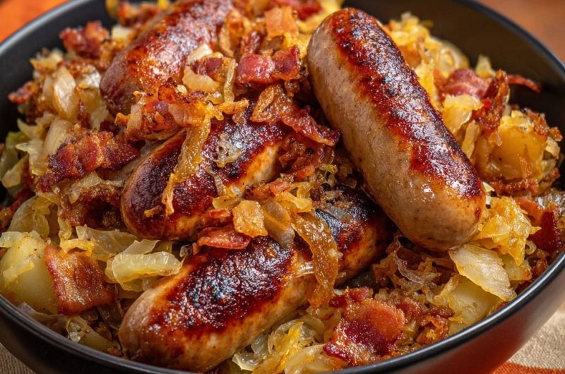 Bratwürste mit Sauerkraut, Speck und Kartoffeln
