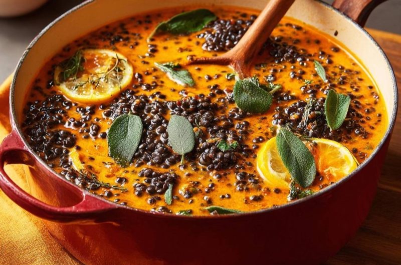 Cremige Beluga-Linsensuppe mit Salbei & Zitrone