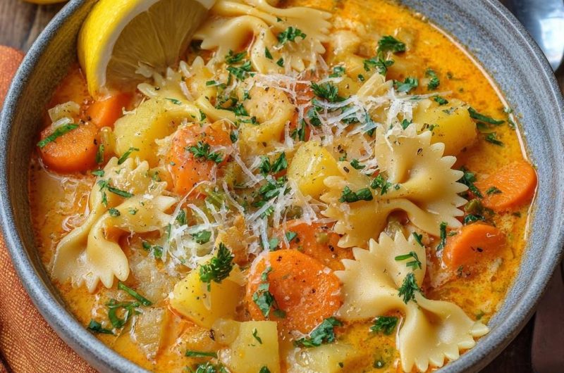 Cremige Farfalle-Kartoffel-Karottensuppe (Nie wieder matschige Nudeln!)