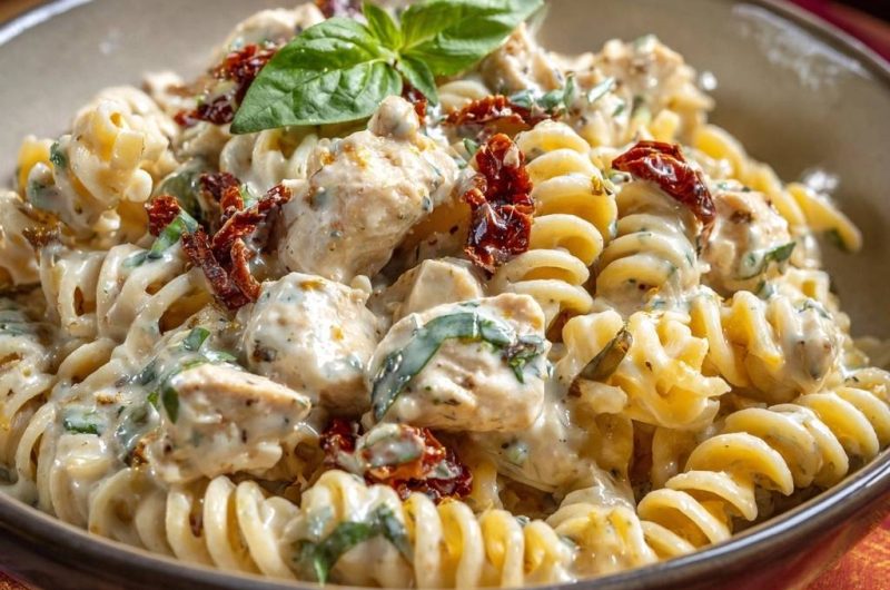 Cremige Fusilli mit Hähnchen, Tomaten & Basilikum
