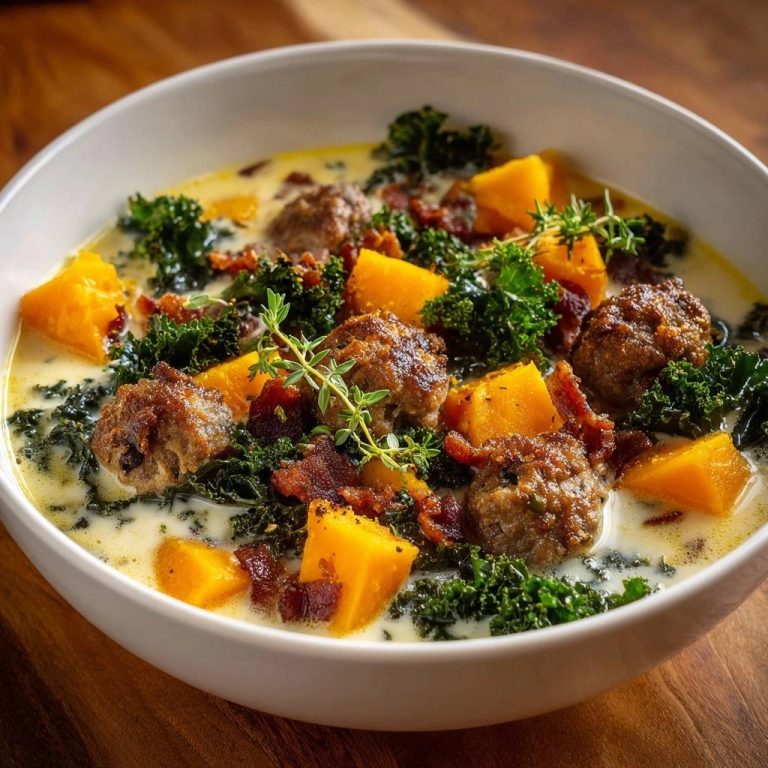 Cremige Kürbis-Grünkohl-Suppe mit Hackbällchen