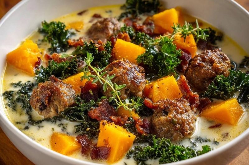 Cremige Kürbis-Grünkohl-Suppe mit Hackbällchen und Speck