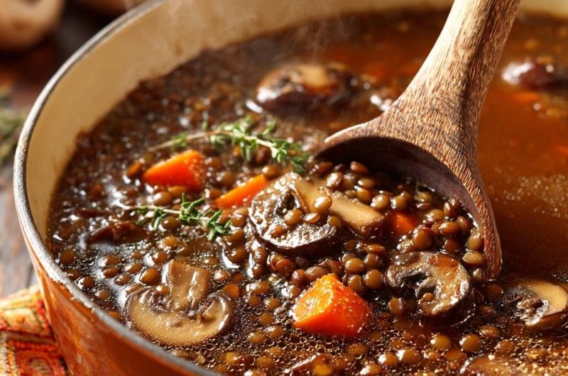 Cremige Linsensuppe mit Pilzen und Karotten