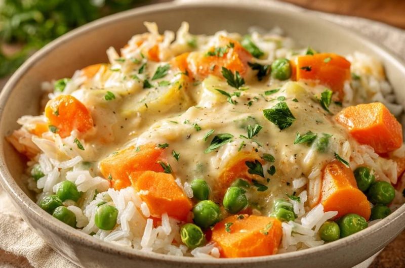 Cremiger Karotten-Erbsen-Zucchini-Reis