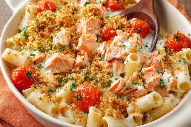 Cremiger Lachs-Rigatoni-Auflauf