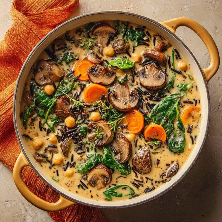 Cremiger Pilz-Wildreis mit Spinat, Karotten und Kichererbsen