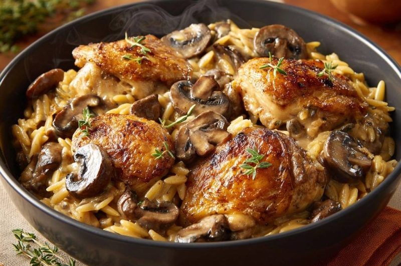 Cremiges Hähnchen-Orzo mit Pilzen