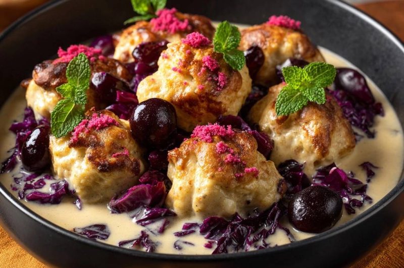 Gebratene Knödel mit Rotkohl, Sauerkirschen und Sahnesoße