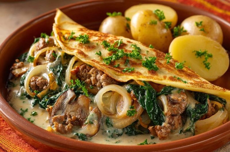 Gefülltes Spinatomlette mit Hack, Pilzen und Sahnesoße