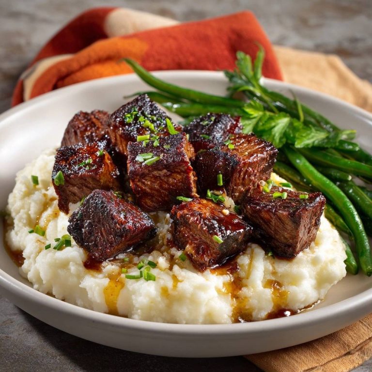 Knusprig glasiertes Rindfleisch auf cremigem Kartoffelpüree mit Bohnen