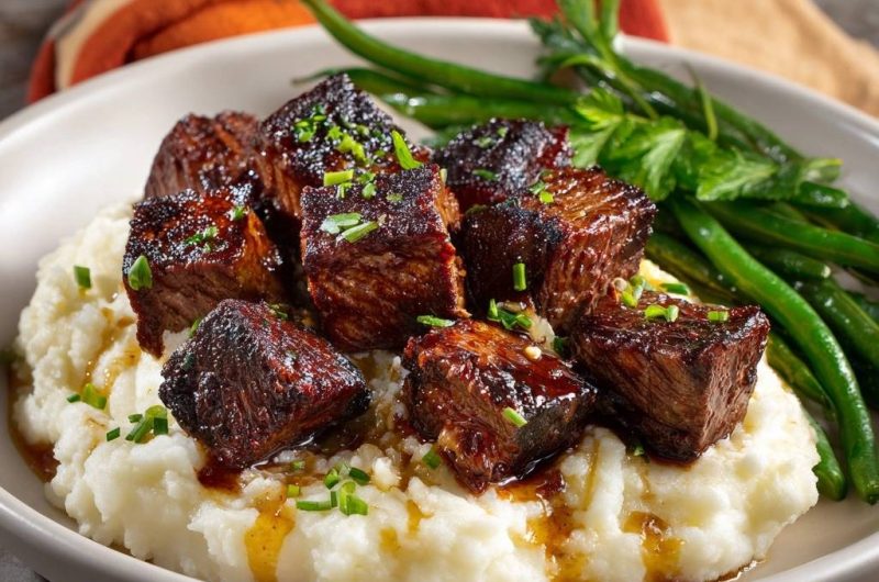 Knusprig glasiertes Rindfleisch auf cremigem Kartoffelpüree mit Bohnen