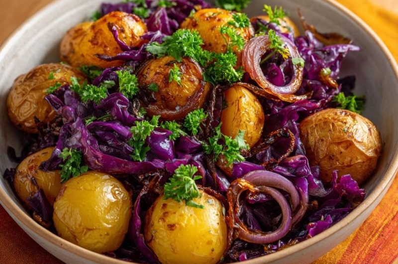 Knusprige Babykartoffeln mit Rotkohl und Zwiebeln