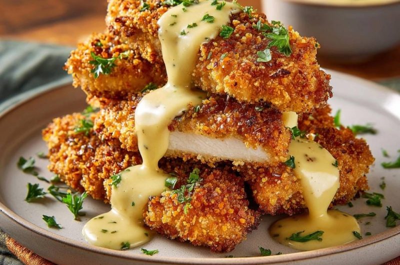 Knusprige Hähnchen-Tenders mit Honig-Senfsauce (Nie wieder abfallende Panade!)