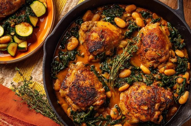 Knusprige Hähnchenschenkel mit Bohnen, Spinat & Zucchini