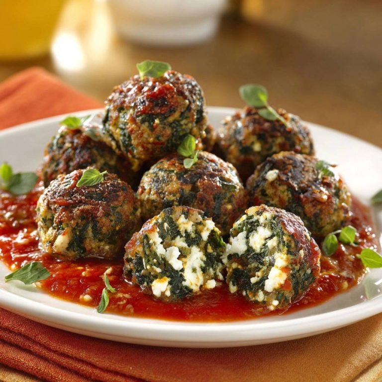 Knusprige Spinat-Feta-Bällchen in Tomatensoße (Nie wieder zerfallende Bällchen!)