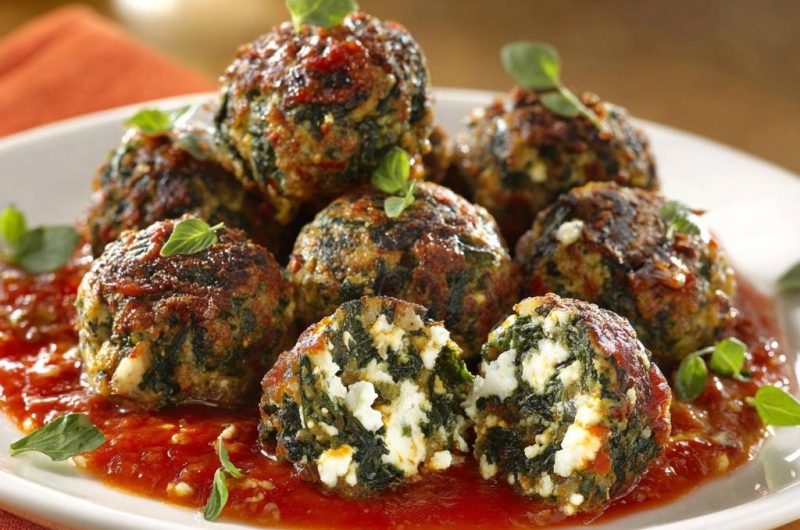 Knusprige Spinat-Feta-Bällchen in Tomatensoße (Nie wieder zerfallende Bällchen!)