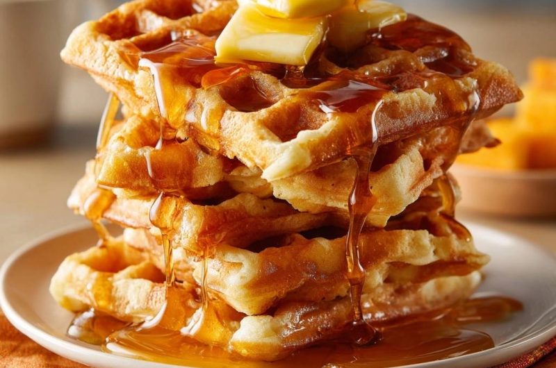 Knusprige Waffeln mit Butter und Ahornsirup