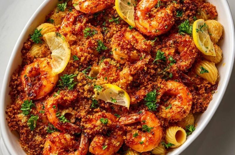 Knuspriger Garnelen-Rigatoni-Auflauf