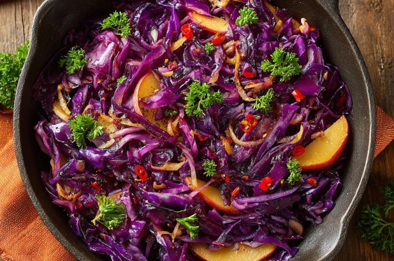 Knuspriger Rotkohl-Pfanne mit Äpfeln & Chili