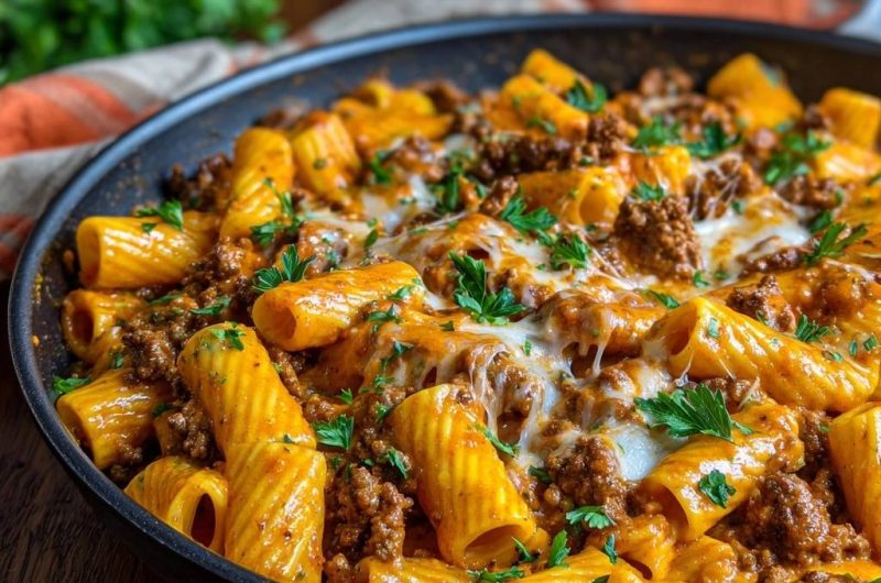 One-Pot-Rigatoni mit Hacksoße und Käse