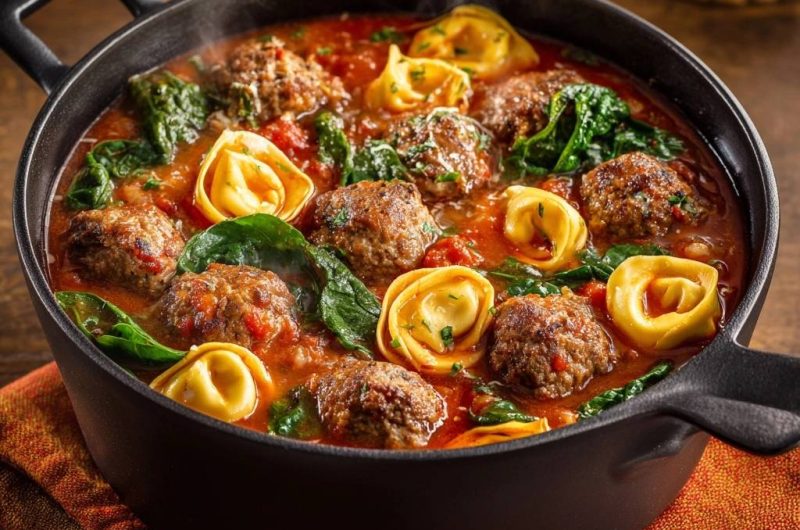 Ravioli-Fleischbällchen-Eintopf mit Spinat